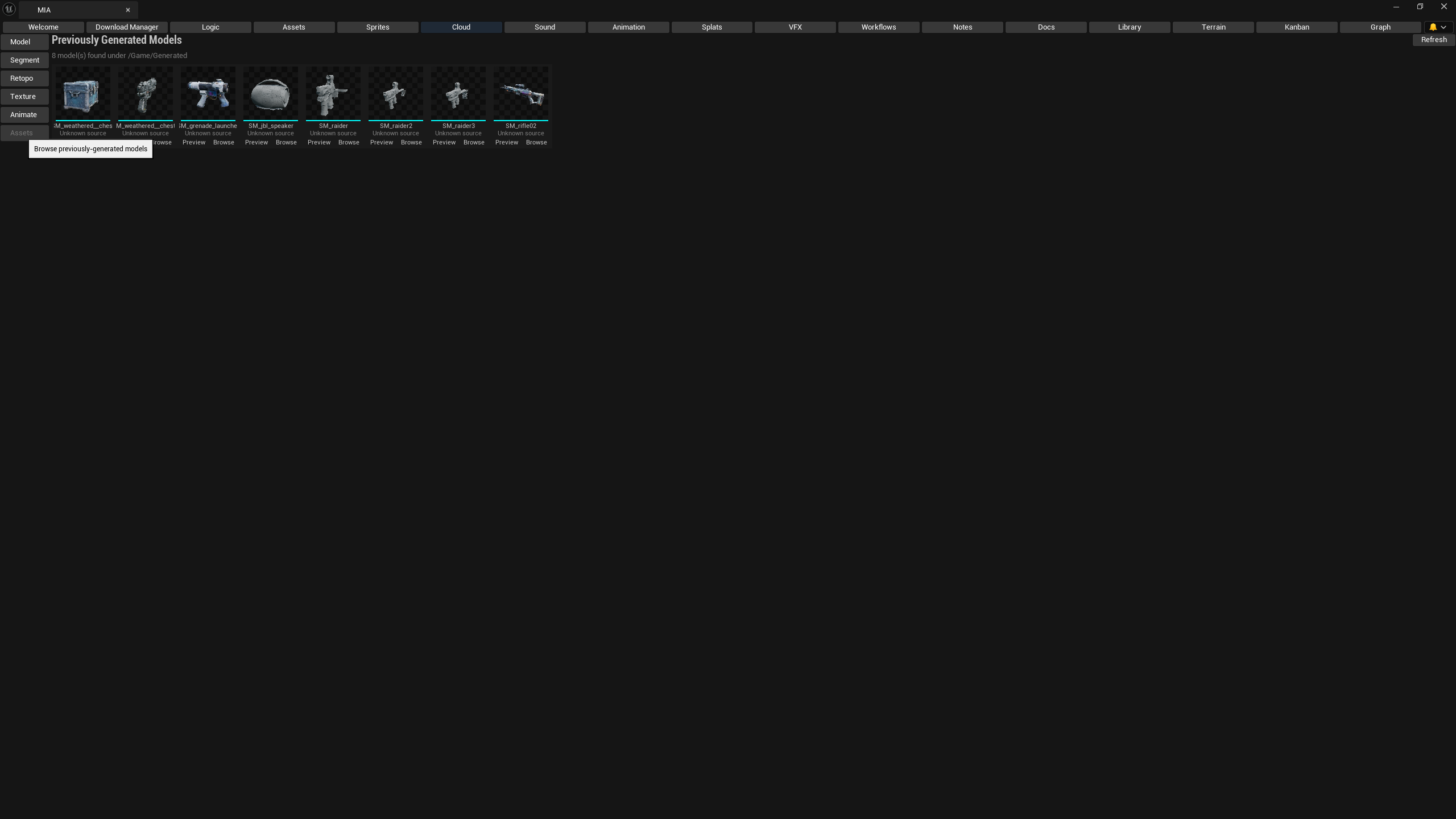 MIA Cloud tab showing previously generated 3D models