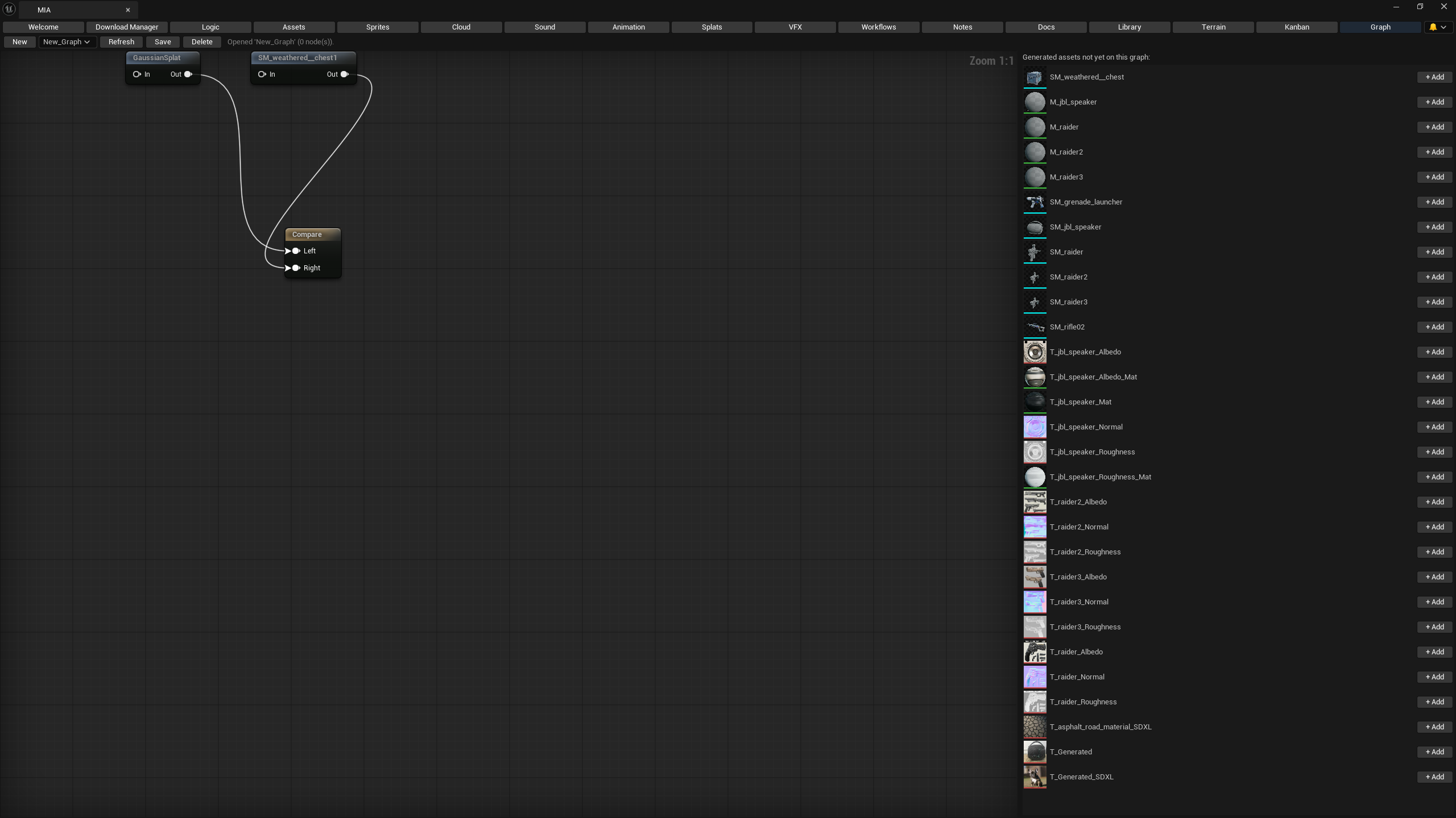 MIA Graph tab comparing two generated assets side by side
