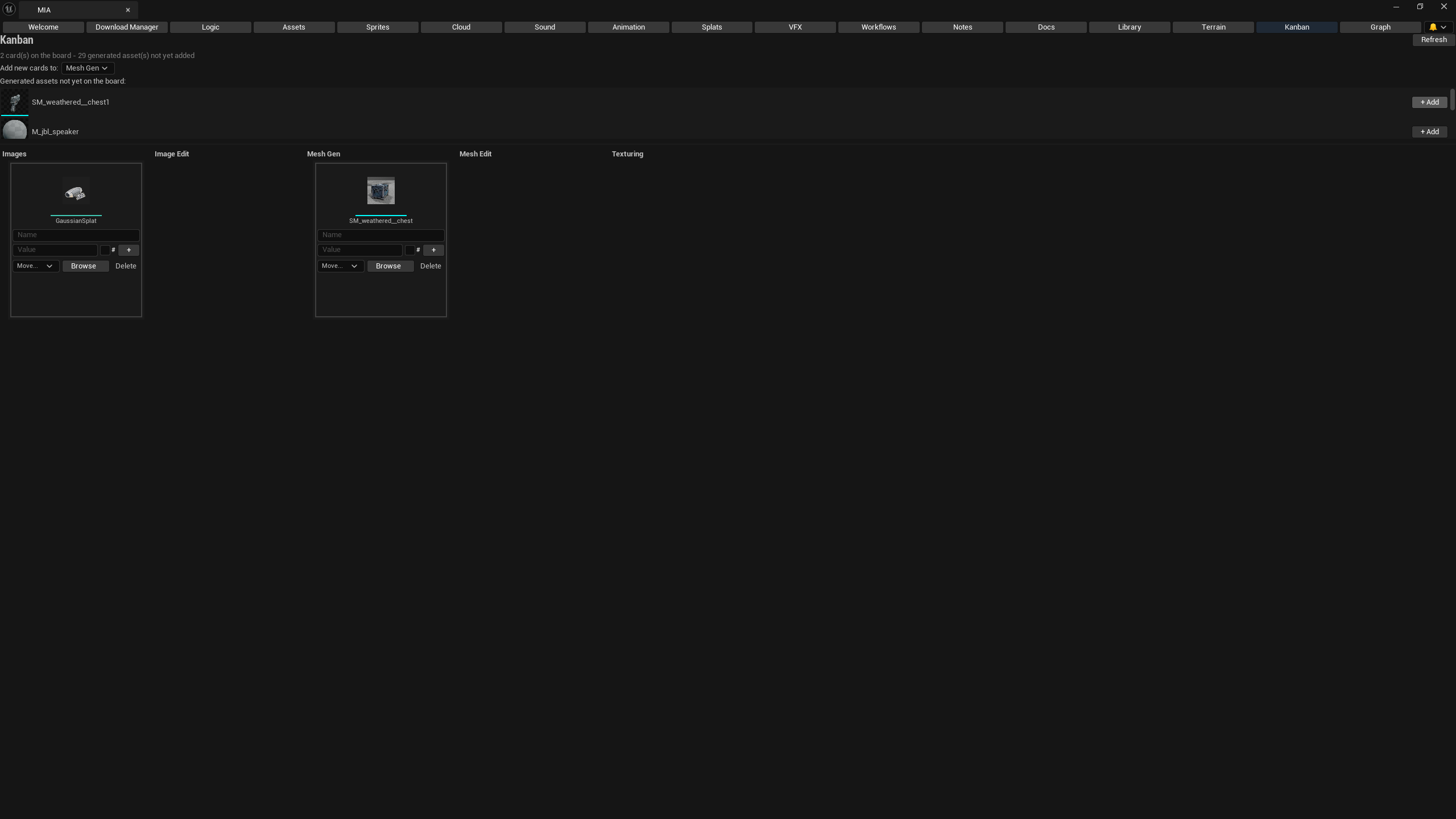 MIA Kanban tab organizing generated assets into columns