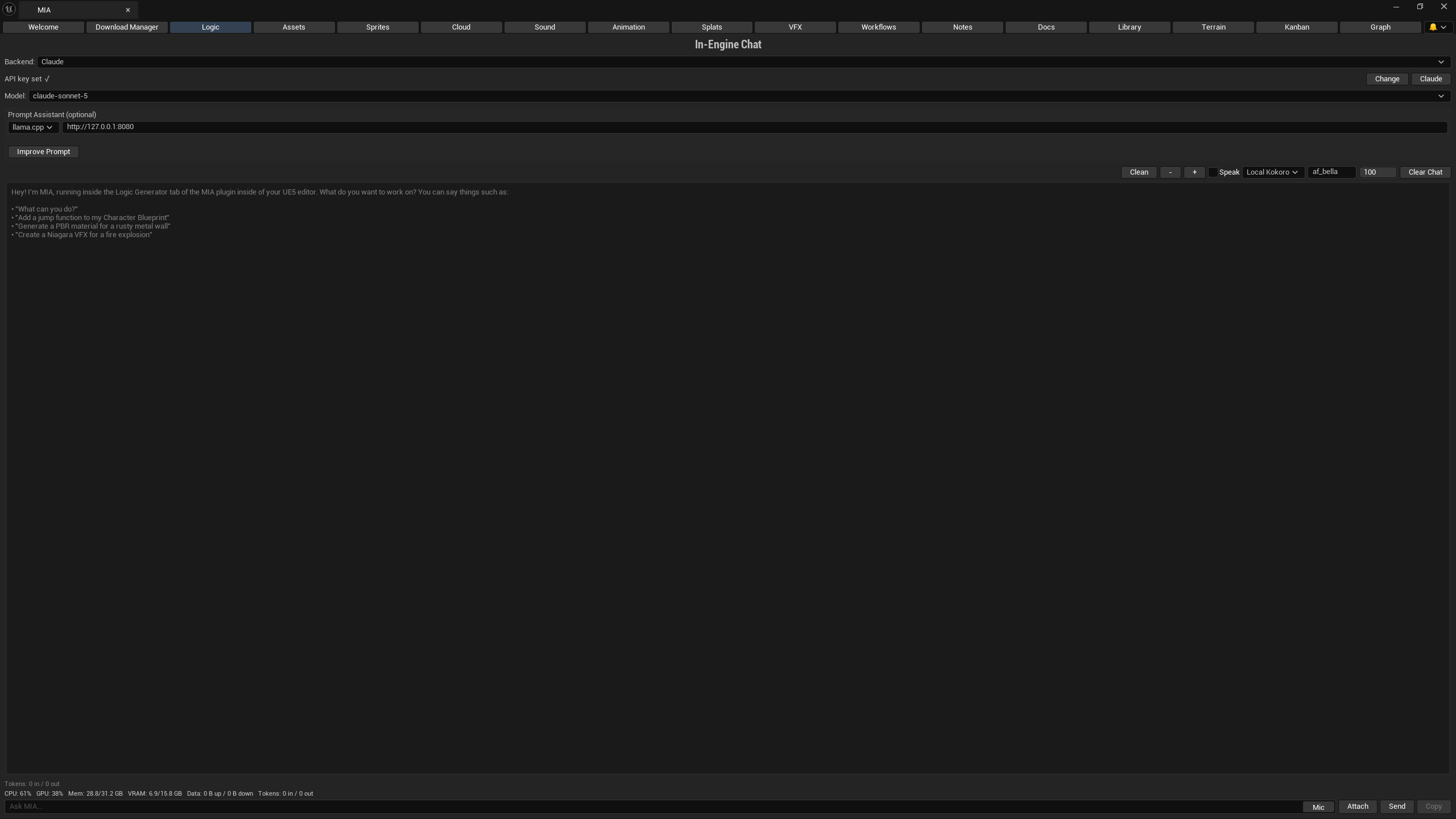 MIA Logic tab with chat, mic input, and a live status bar