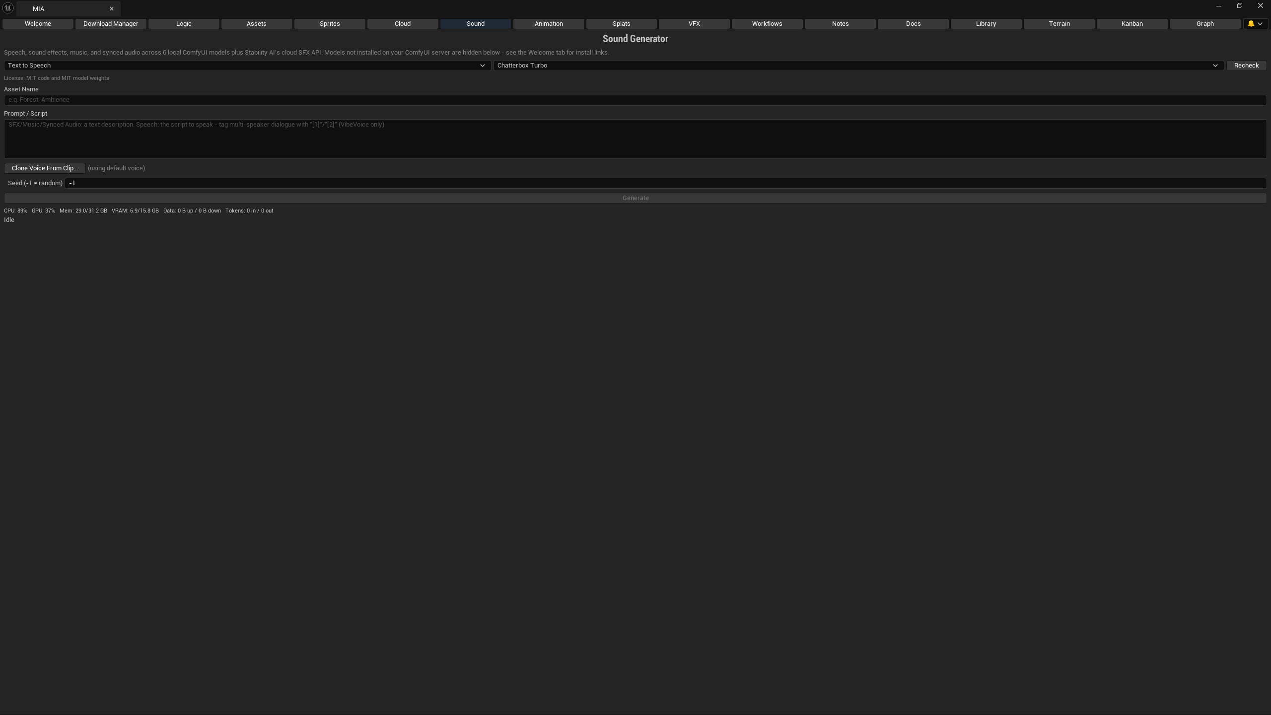 MIA Sound tab with Chatterbox Turbo voice cloning
