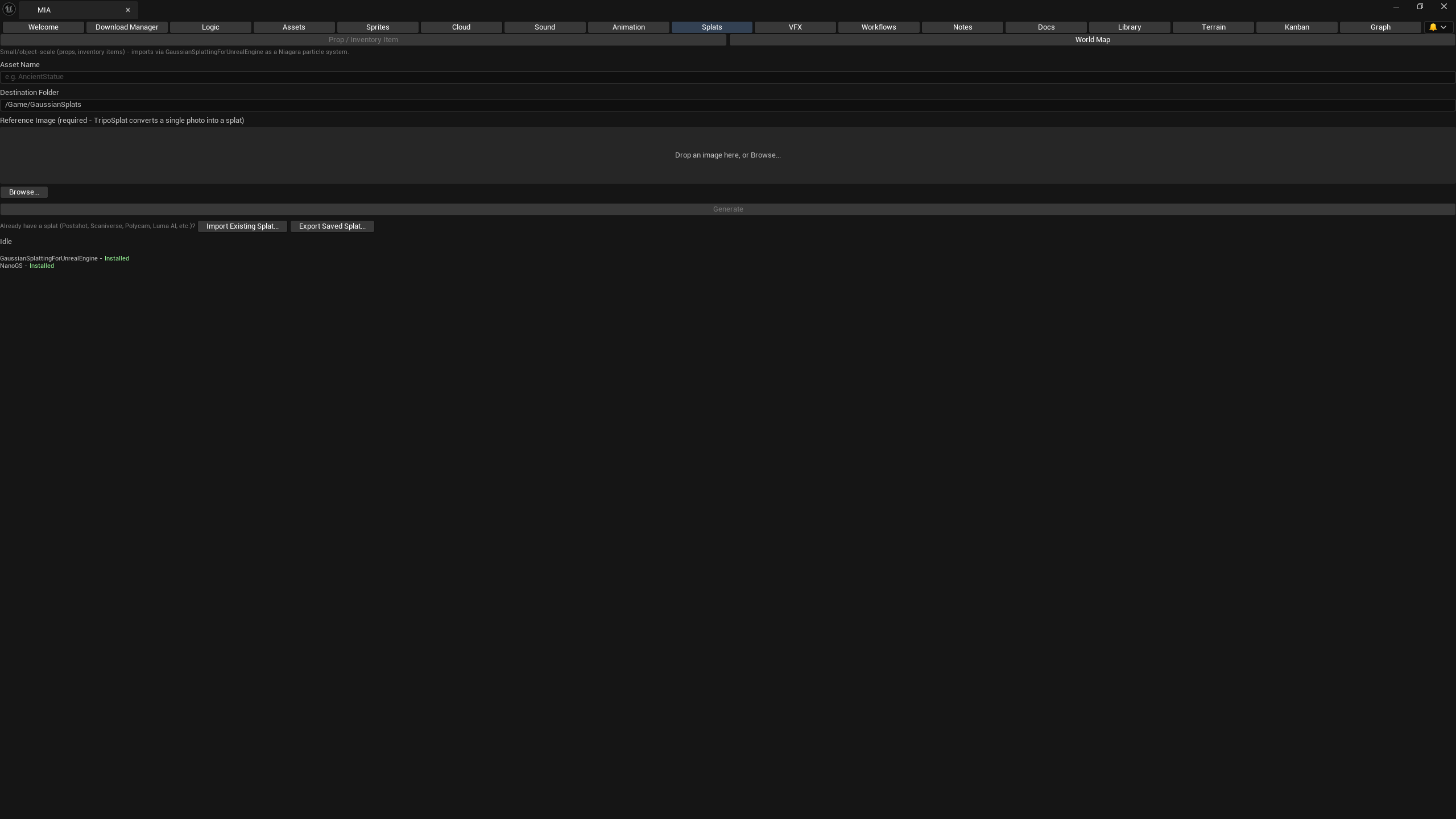 MIA Splats tab for Gaussian Splat generation