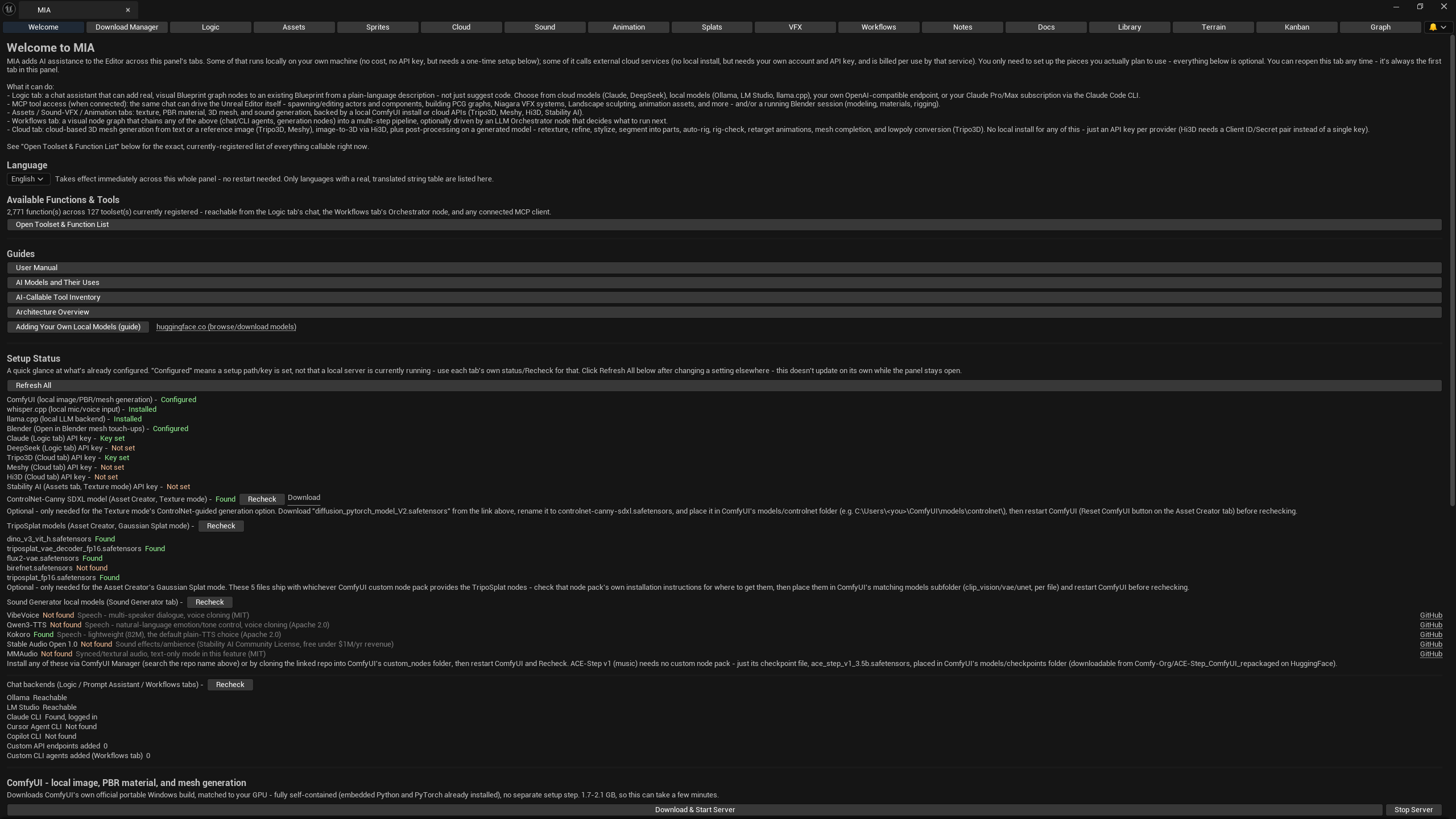 MIA Welcome tab showing its live capability count